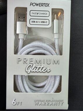 NEW Powertek Premium Glitter USB-A to USB-C Cable — White/Silver.